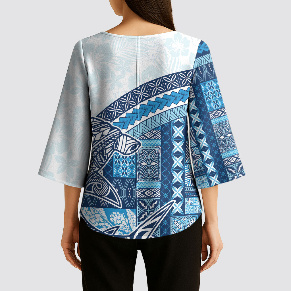 Samoa Mamanu Siapo Royal Blue Kimono Sleeve Blouse Tatau Malie