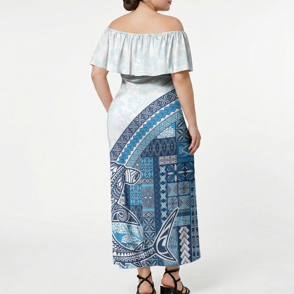 Samoa Mamanu Siapo Royal Blue Off Shoulder Maxi Dress Tatau Malie