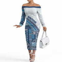 Samoa Mamanu Siapo Royal Blue Off The Shoulder Long Sleeve Dress Tatau Malie