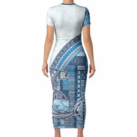 Samoa Mamanu Siapo Royal Blue Short Sleeve Bodycon Dress Tatau Malie