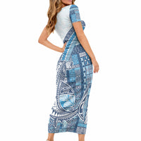 Samoa Mamanu Siapo Royal Blue Short Sleeve Bodycon Dress Tatau Malie