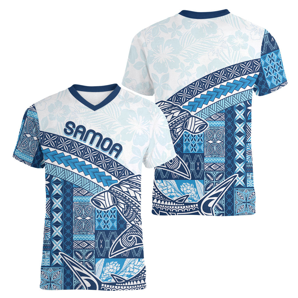 Samoa Mamanu Siapo Royal Blue Women V-Neck T-Shirt Tatau Malie