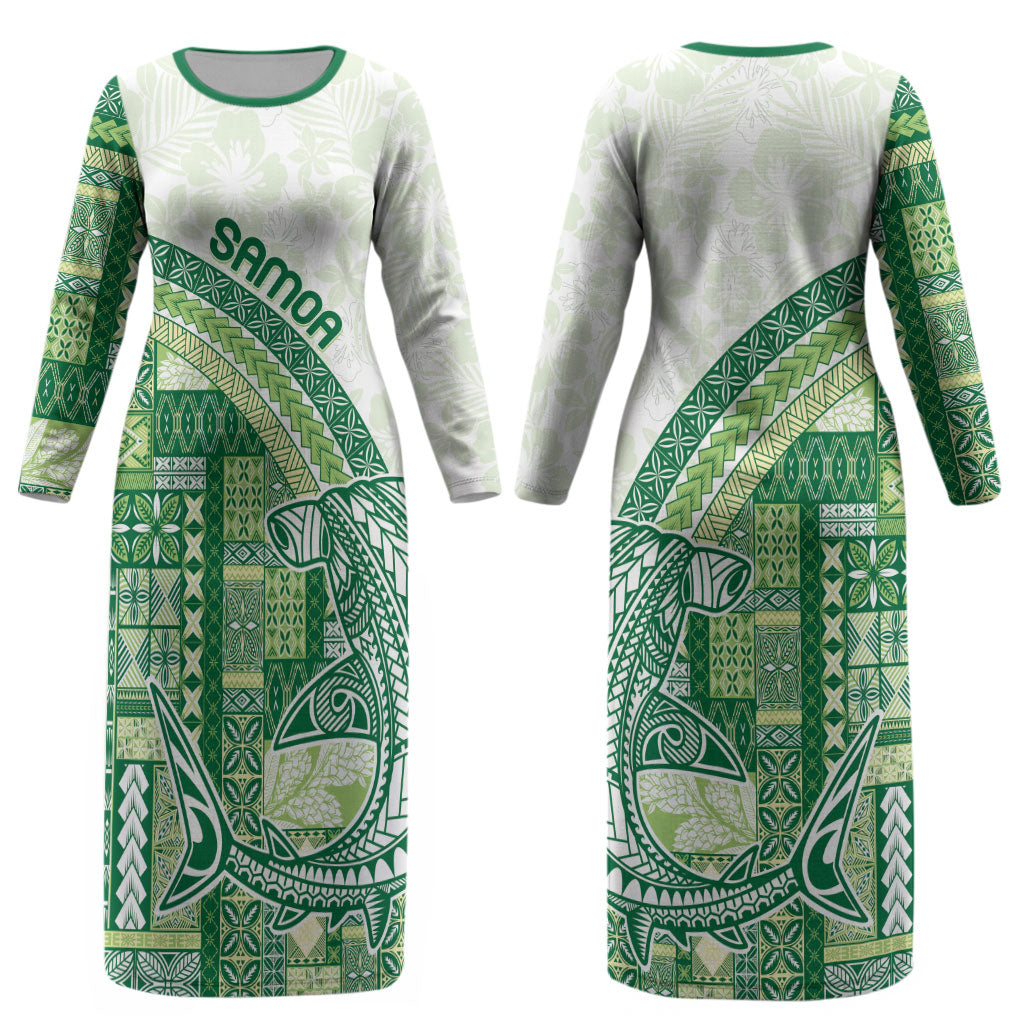 Samoa Mamanu Siapo Forest Green Couples Matching Long Sleeve Bodycon Dress and Long Sleeve Button Shirt Tatau Malie