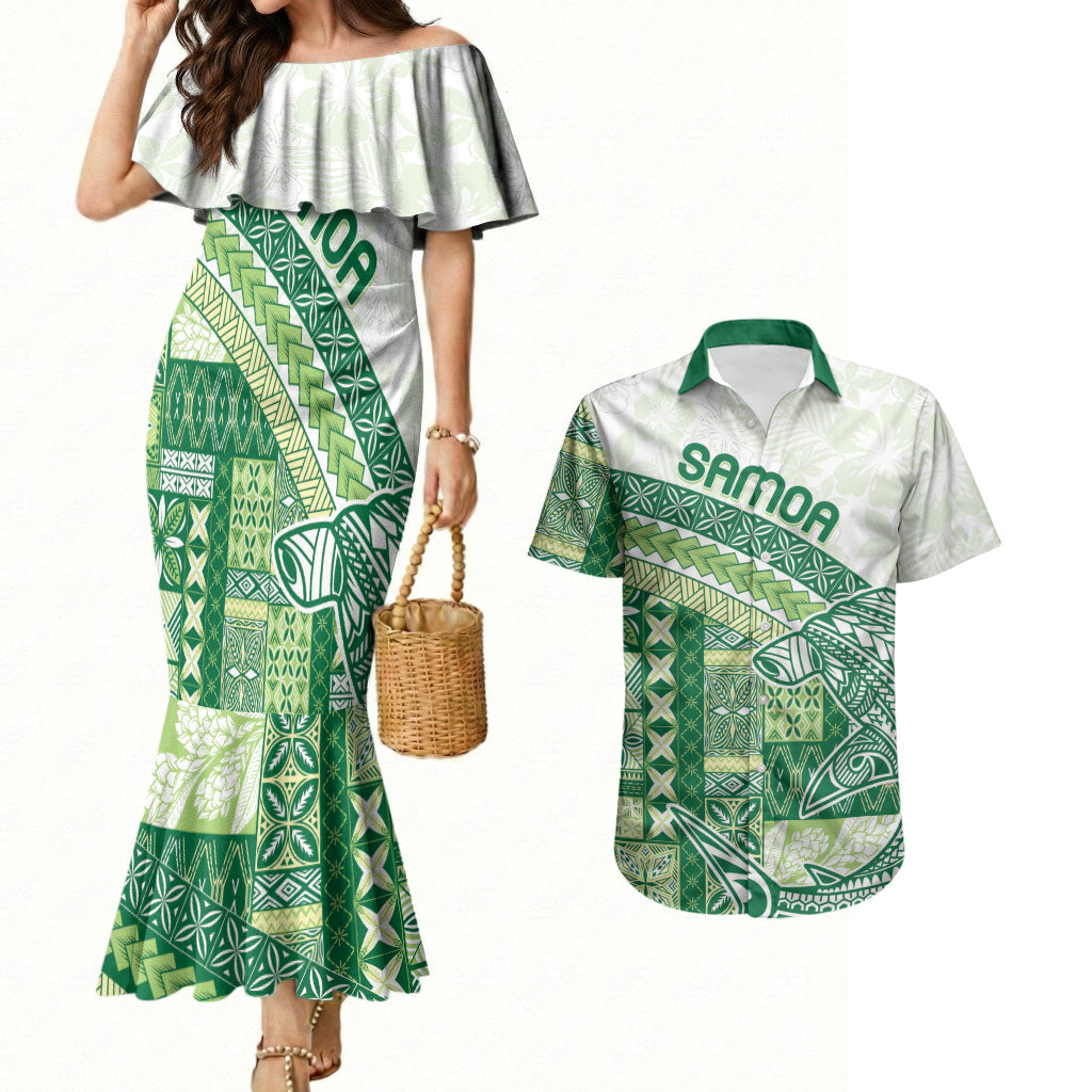 Samoa Mamanu Siapo Forest Green Couples Matching Mermaid Dress and Hawaiian Shirt Tatau Malie
