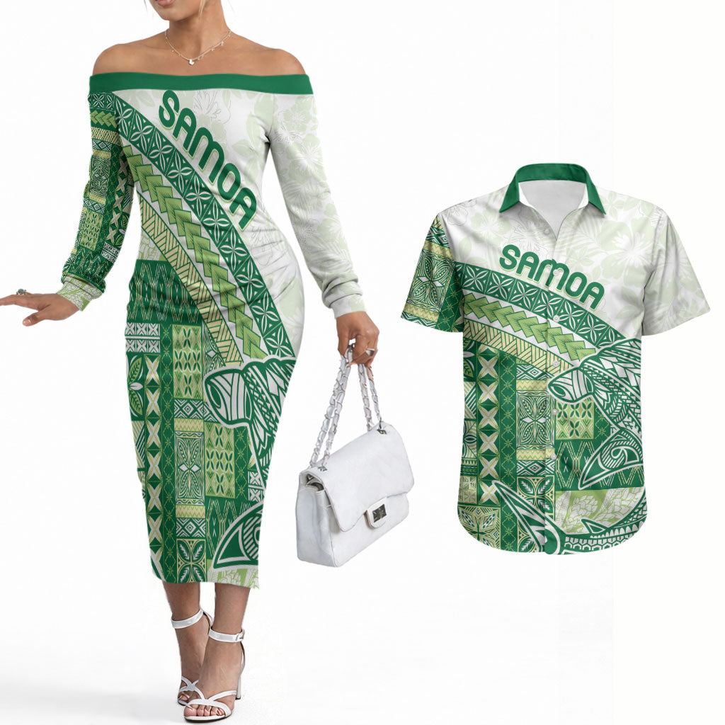 Samoa Mamanu Siapo Forest Green Couples Matching Off The Shoulder Long Sleeve Dress and Hawaiian Shirt Tatau Malie