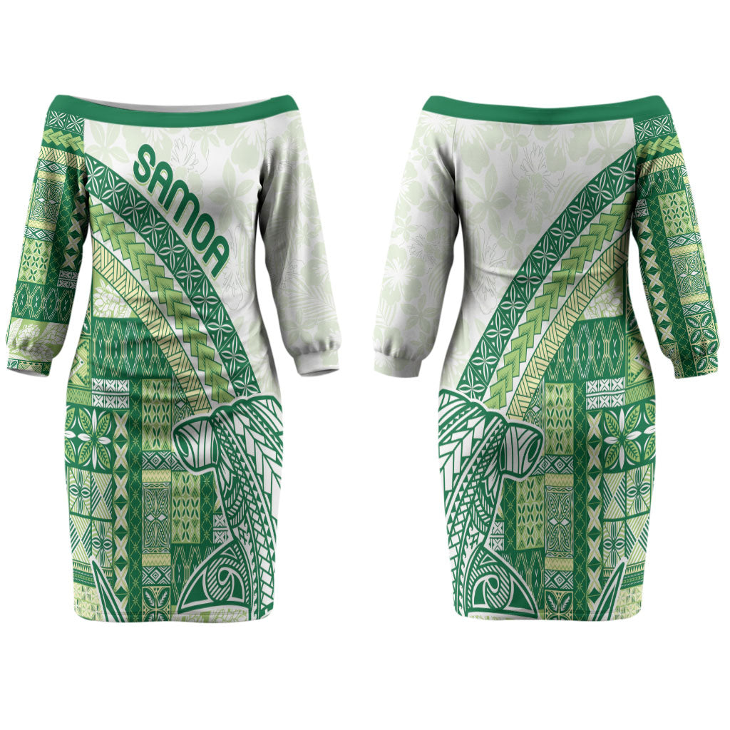 Samoa Mamanu Siapo Forest Green Couples Matching Off The Shoulder Long Sleeve Dress and Hawaiian Shirt Tatau Malie