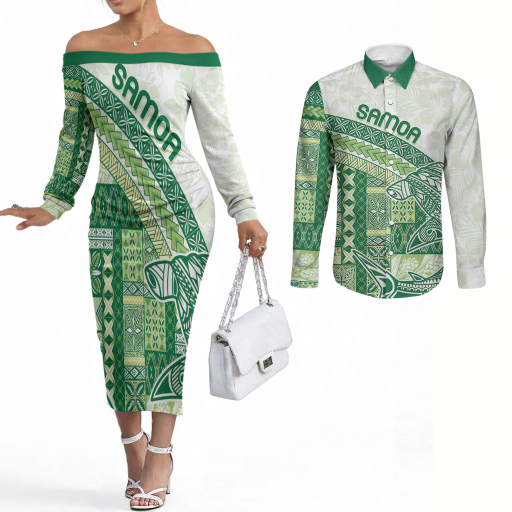 Samoa Mamanu Siapo Forest Green Couples Matching Off The Shoulder Long Sleeve Dress and Long Sleeve Button Shirt Tatau Malie
