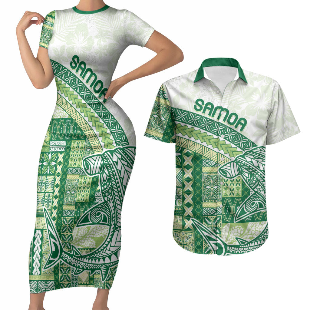 Samoa Mamanu Siapo Forest Green Couples Matching Short Sleeve Bodycon Dress and Hawaiian Shirt Tatau Malie LT7 Forest Green - Polynesian Pride