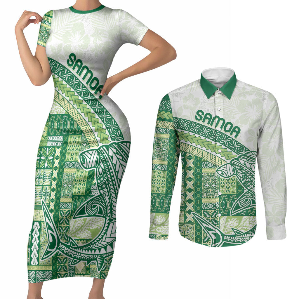 Samoa Mamanu Siapo Forest Green Couples Matching Short Sleeve Bodycon Dress and Long Sleeve Button Shirt Tatau Malie LT7 Forest Green - Polynesian Pride