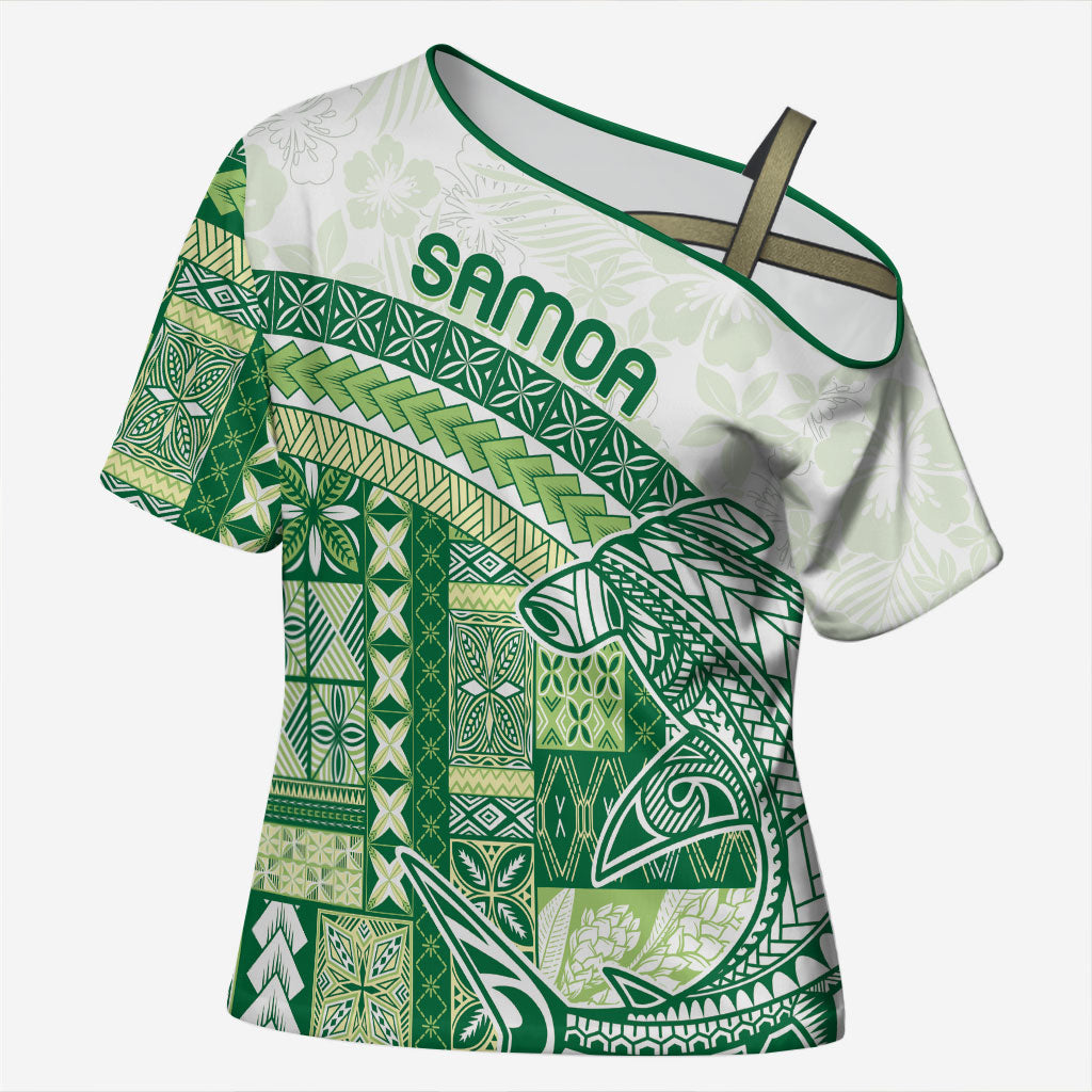 Samoa Mamanu Siapo Forest Green Cross Shoulder Shirt Tatau Malie LT7 Female Forest Green - Polynesian Pride