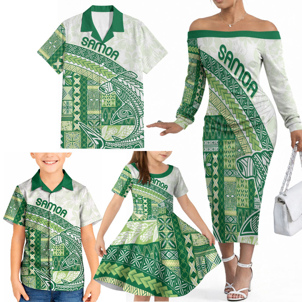 Samoa Mamanu Siapo Forest Green Family Matching Off The Shoulder Long Sleeve Dress and Hawaiian Shirt Tatau Malie LT7 - Polynesian Pride