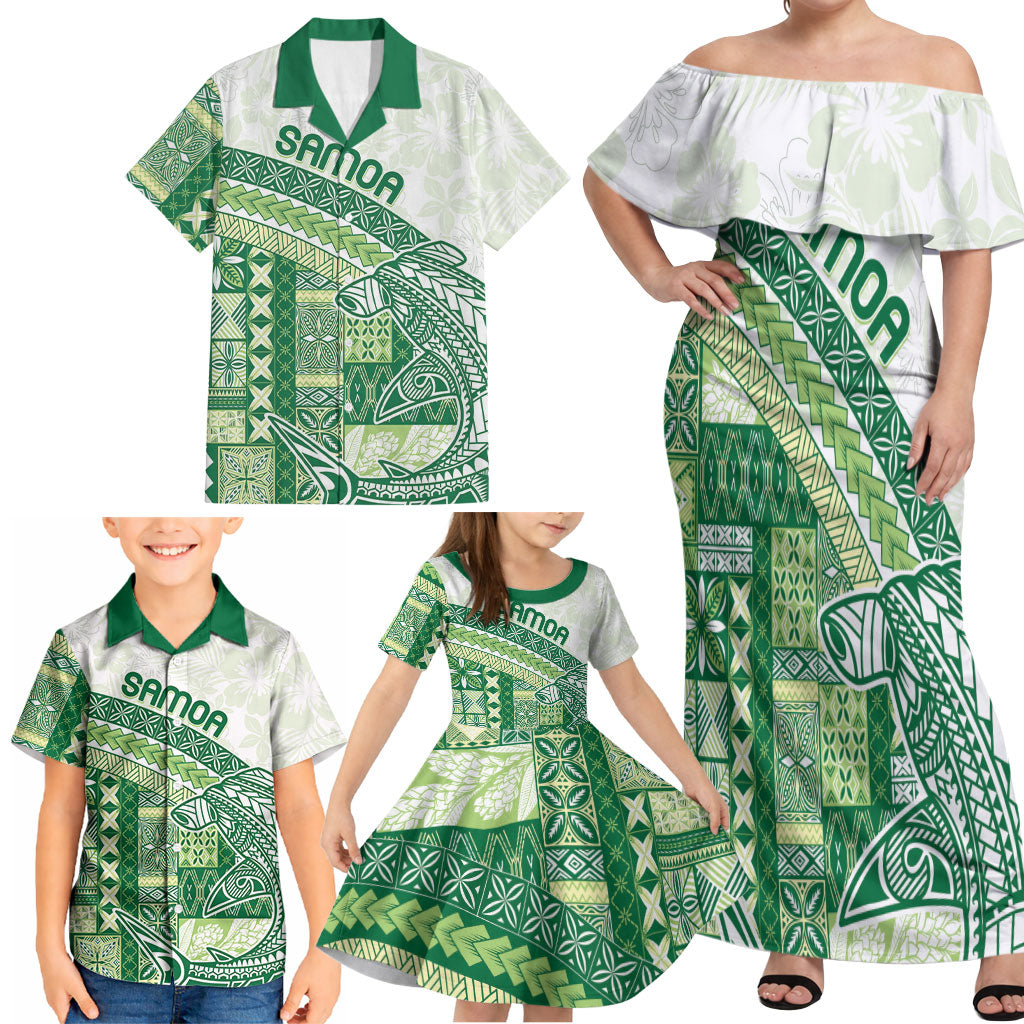 Samoa Mamanu Siapo Forest Green Family Matching Off Shoulder Maxi Dress and Hawaiian Shirt Tatau Malie LT7 - Polynesian Pride