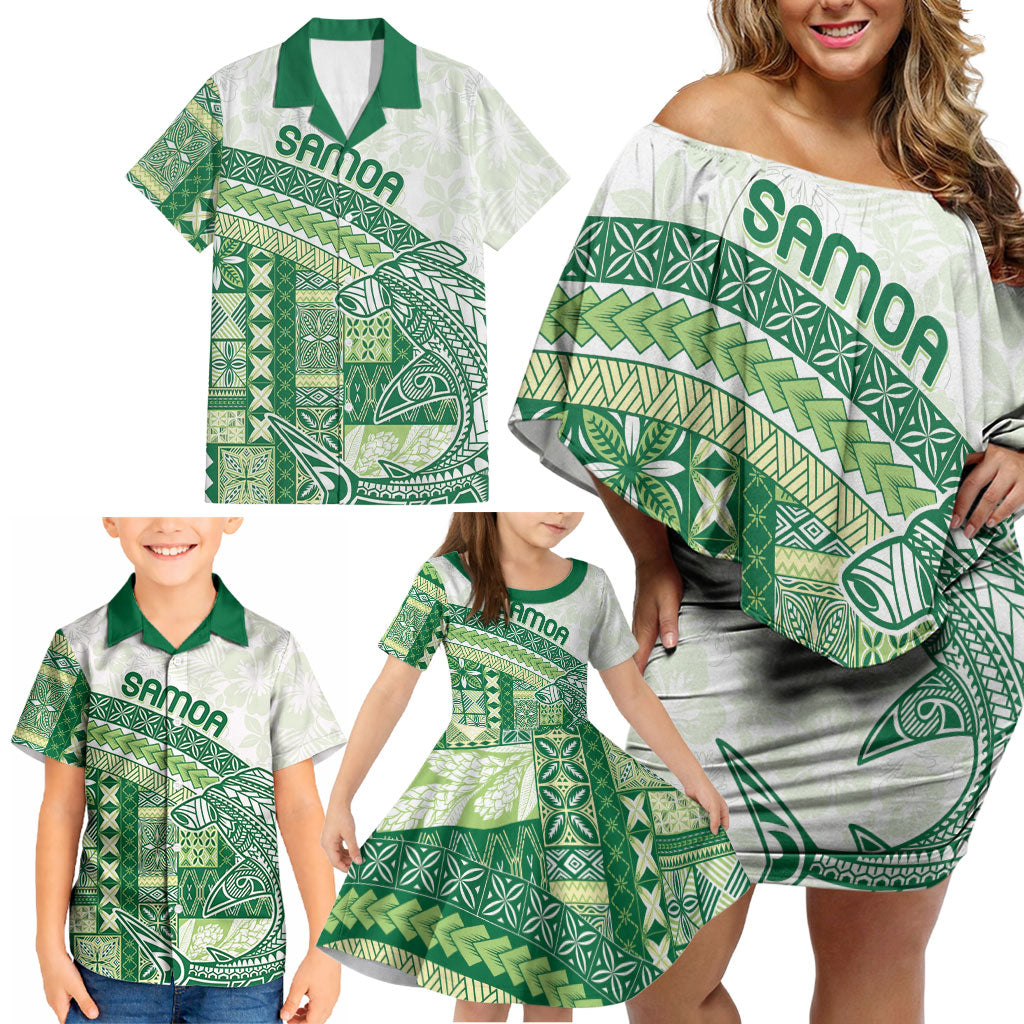 Samoa Mamanu Siapo Forest Green Family Matching Off Shoulder Short Dress and Hawaiian Shirt Tatau Malie