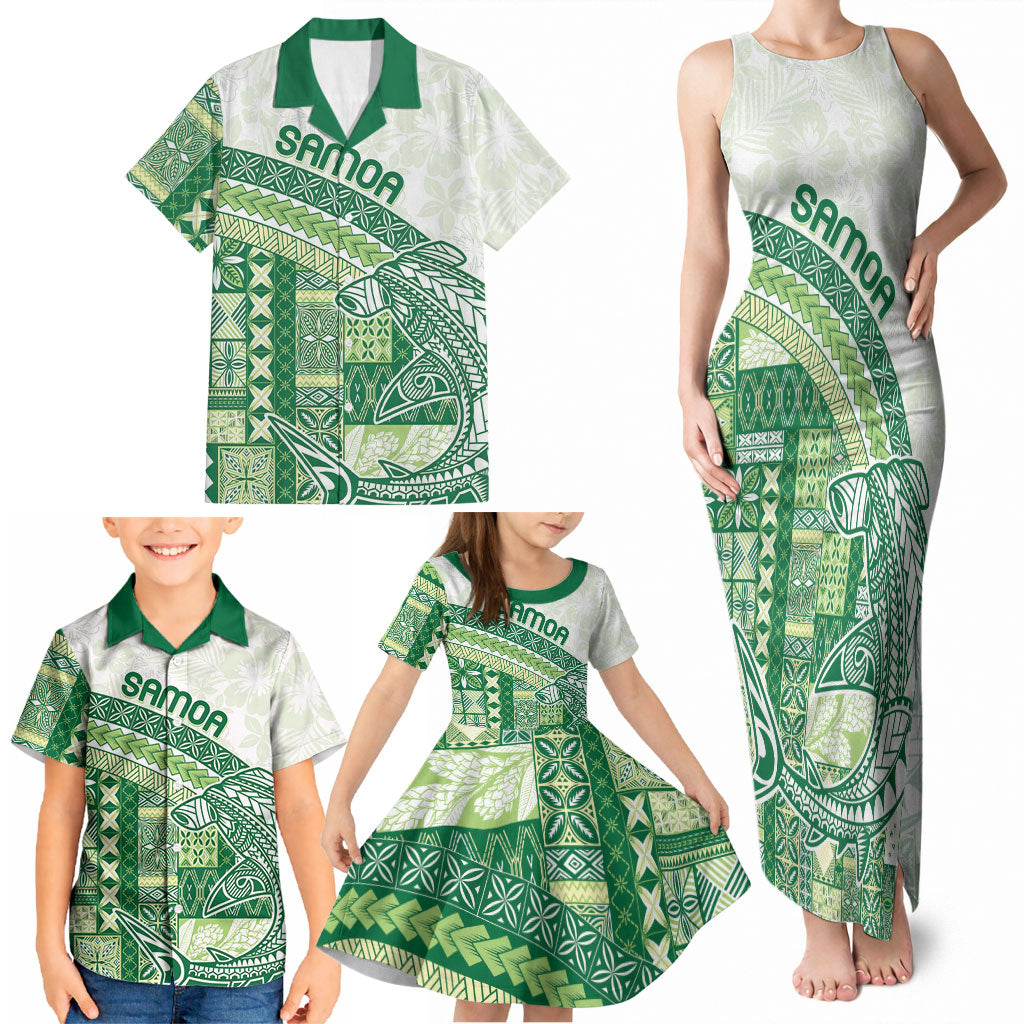 Samoa Mamanu Siapo Forest Green Family Matching Tank Maxi Dress and Hawaiian Shirt Tatau Malie