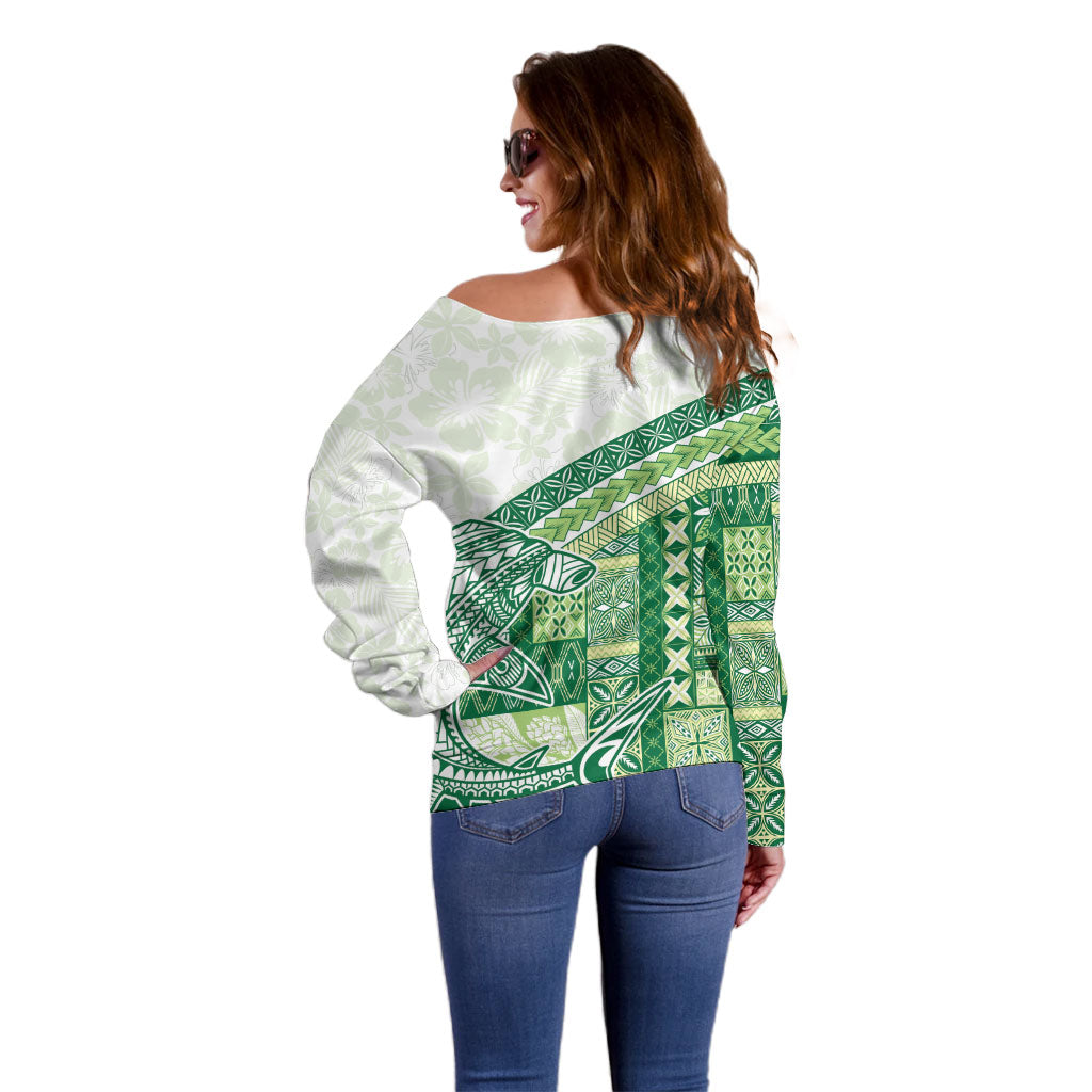 Samoa Mamanu Siapo Forest Green Off Shoulder Sweater Tatau Malie