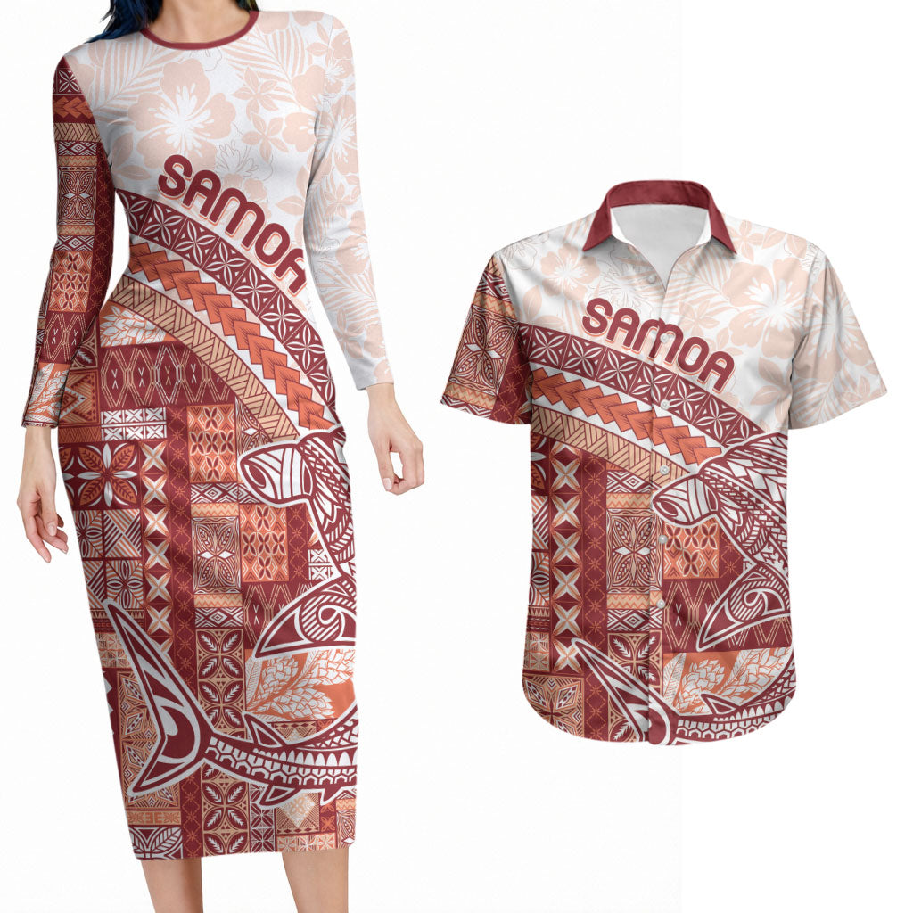 Samoa Mamanu Siapo Crimson Couples Matching Long Sleeve Bodycon Dress and Hawaiian Shirt Tatau Malie