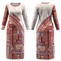Samoa Mamanu Siapo Crimson Couples Matching Long Sleeve Bodycon Dress and Hawaiian Shirt Tatau Malie