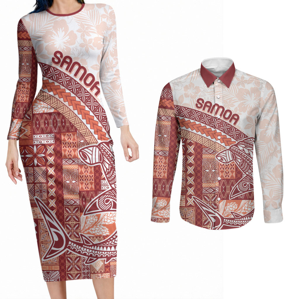Samoa Mamanu Siapo Crimson Couples Matching Long Sleeve Bodycon Dress and Long Sleeve Button Shirt Tatau Malie LT7 Red - Polynesian Pride