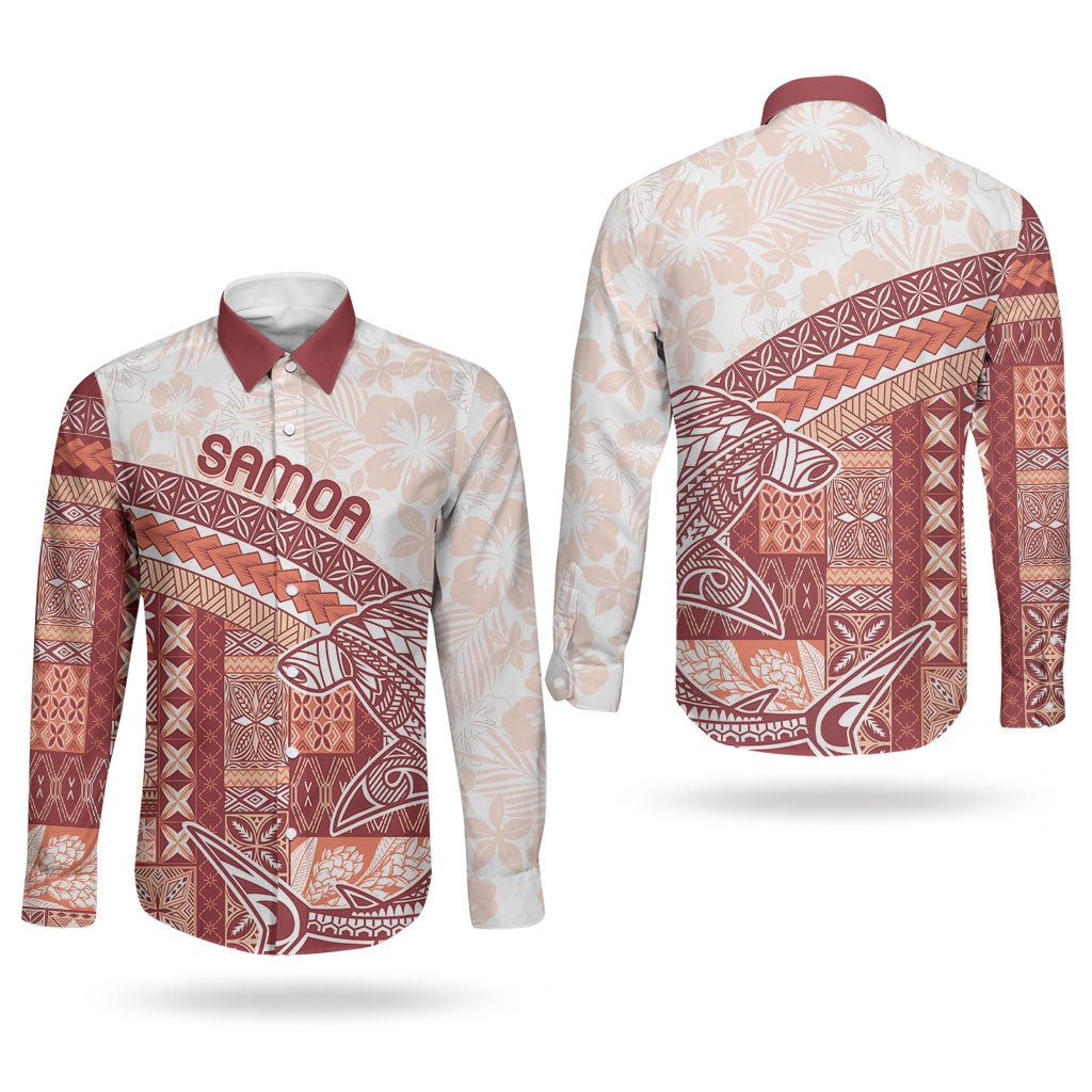 Samoa Mamanu Siapo Crimson Couples Matching Long Sleeve Bodycon Dress and Long Sleeve Button Shirt Tatau Malie
