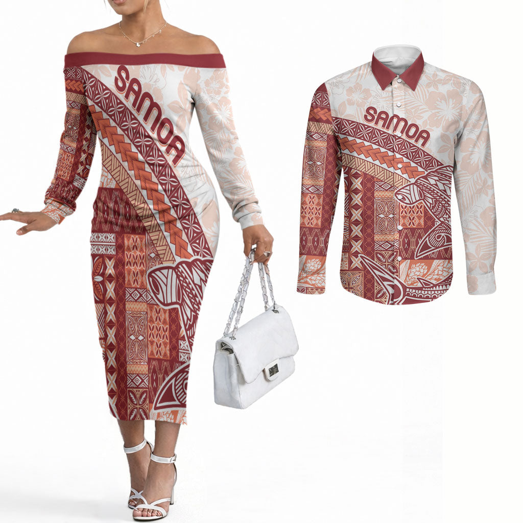 Samoa Mamanu Siapo Crimson Couples Matching Off The Shoulder Long Sleeve Dress and Long Sleeve Button Shirt Tatau Malie LT7 Red - Polynesian Pride