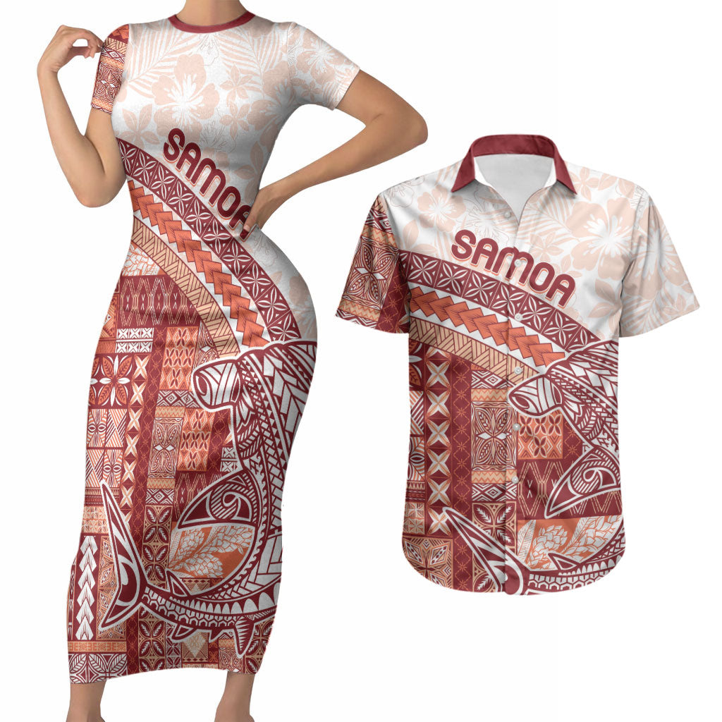 Samoa Mamanu Siapo Crimson Couples Matching Short Sleeve Bodycon Dress and Hawaiian Shirt Tatau Malie LT7 Red - Polynesian Pride