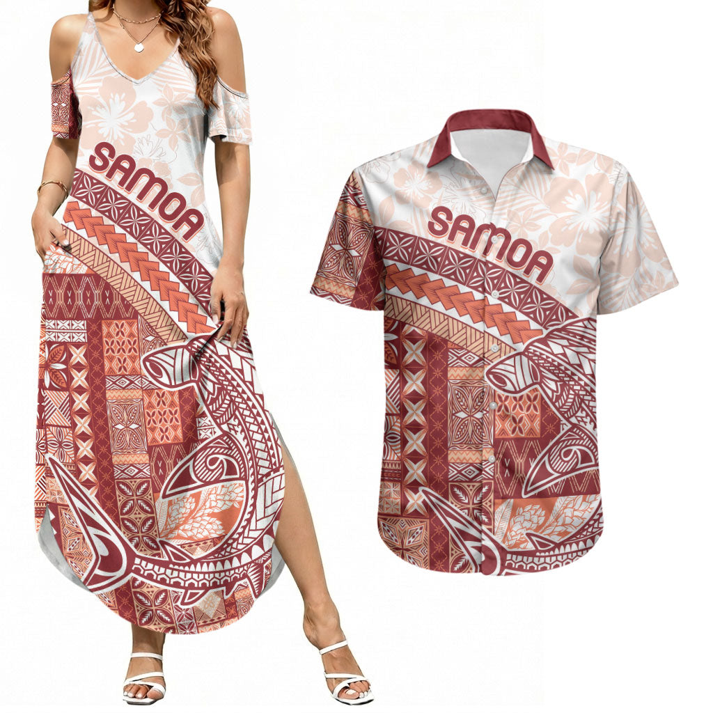Samoa Mamanu Siapo Crimson Couples Matching Summer Maxi Dress and Hawaiian Shirt Tatau Malie