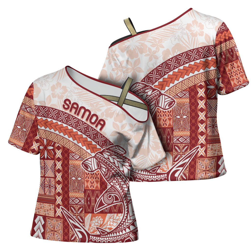 Samoa Mamanu Siapo Crimson Cross Shoulder Shirt Tatau Malie
