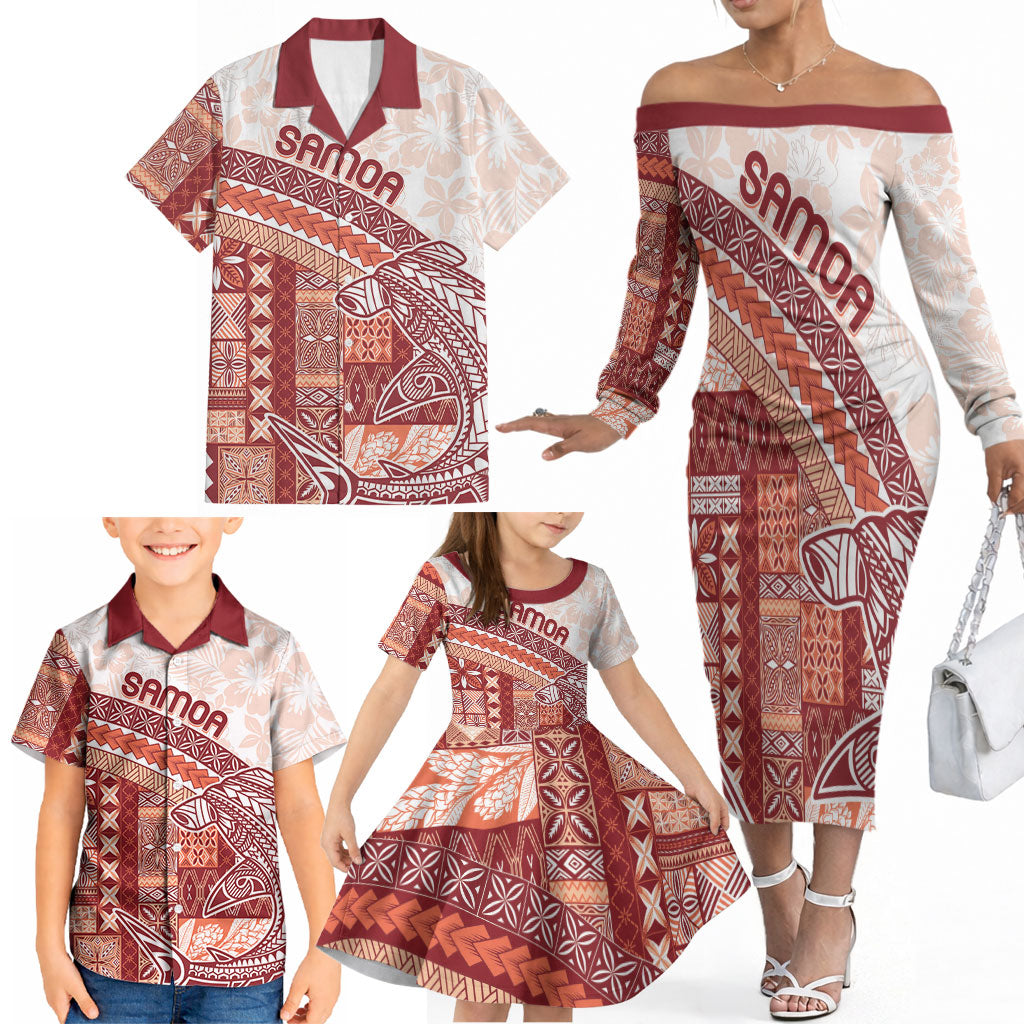 Samoa Mamanu Siapo Crimson Family Matching Off The Shoulder Long Sleeve Dress and Hawaiian Shirt Tatau Malie LT7 - Polynesian Pride