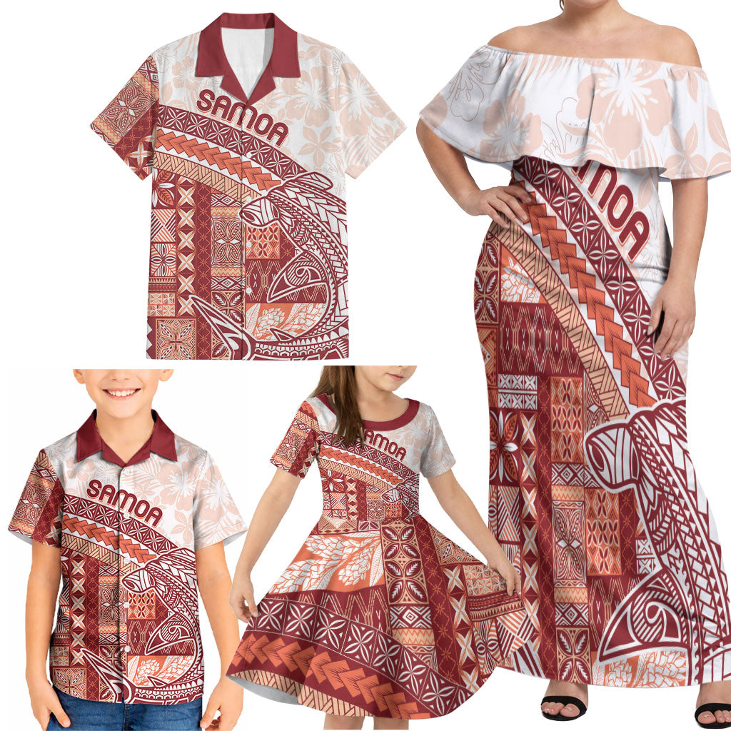 Samoa Mamanu Siapo Crimson Family Matching Off Shoulder Maxi Dress and Hawaiian Shirt Tatau Malie LT7 - Polynesian Pride