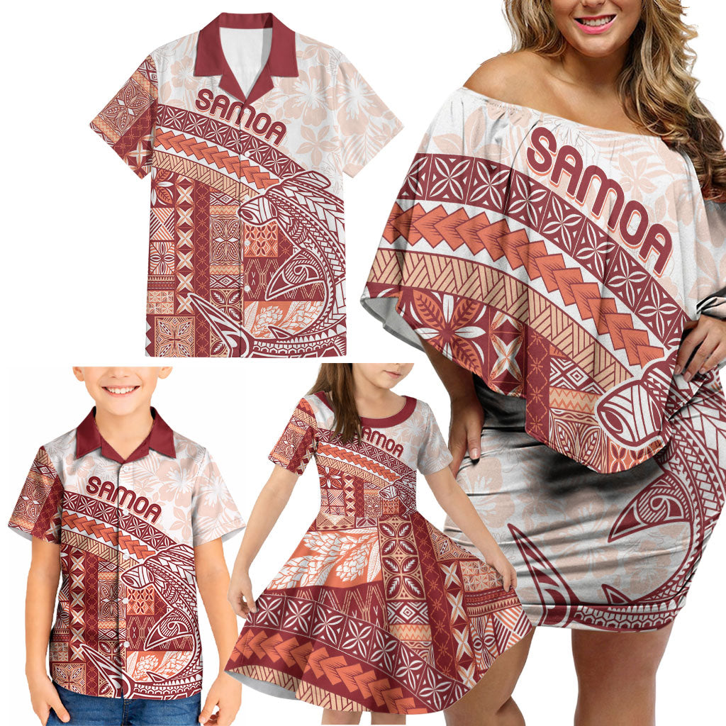 Samoa Mamanu Siapo Crimson Family Matching Off Shoulder Short Dress and Hawaiian Shirt Tatau Malie LT7 - Polynesian Pride