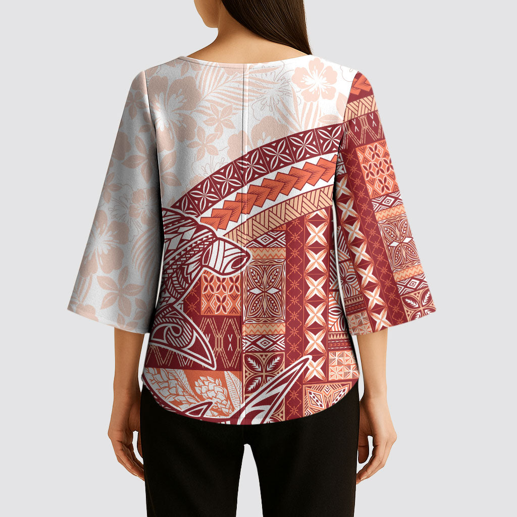 Samoa Mamanu Siapo Crimson Kimono Sleeve Blouse Tatau Malie