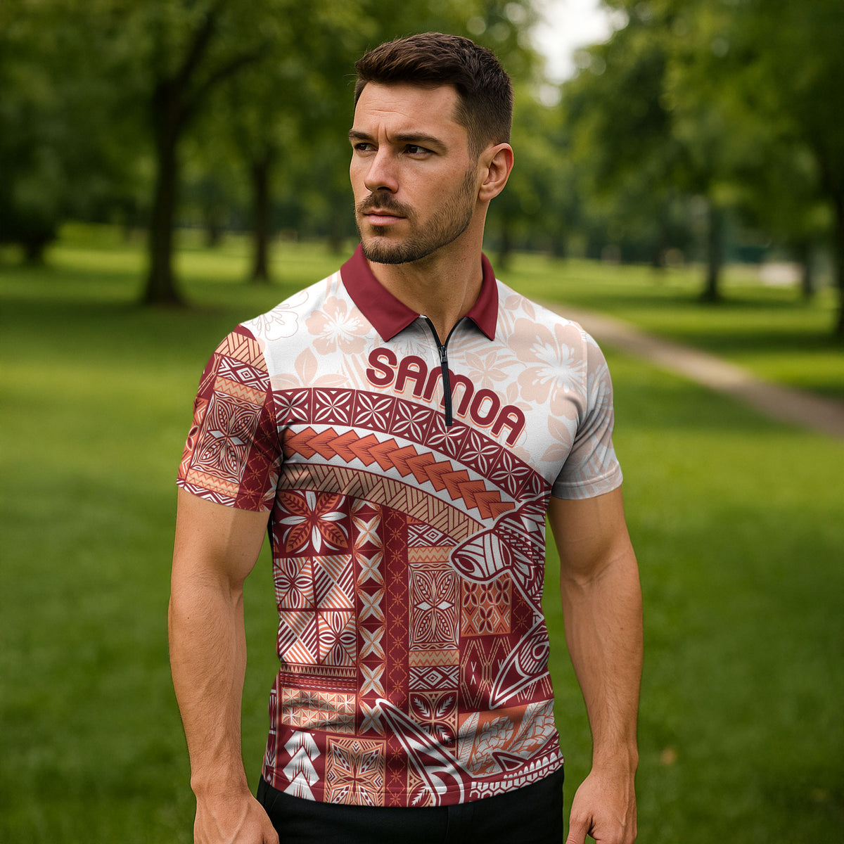Samoa Mamanu Siapo Crimson Zipper Polo Shirt Tatau Malie