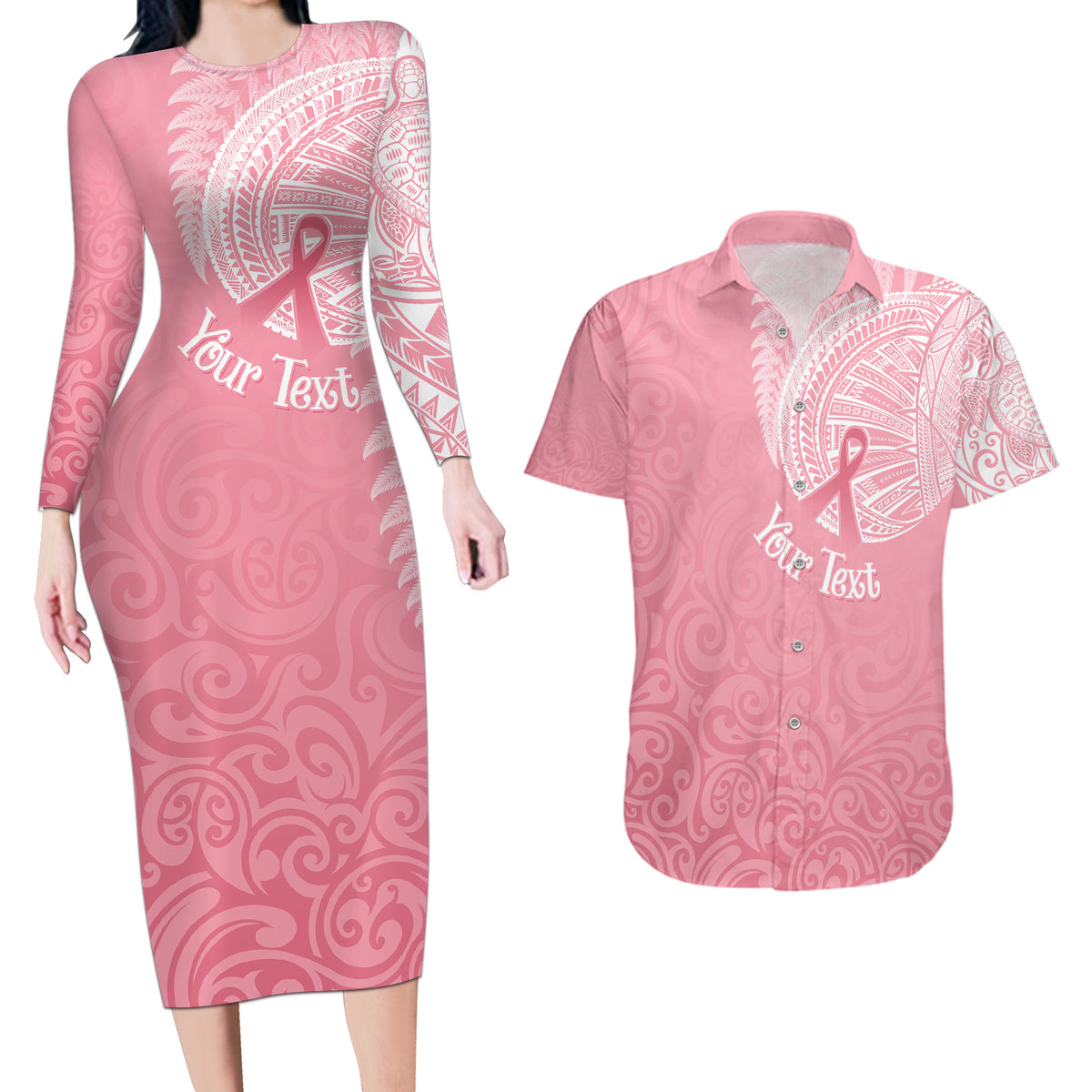 Personalised New Zealand Couples Matching Long Sleeve Bodycon Dress and Hawaiian Shirt Pink Ribbon Tattoo Mix Silver Fern LT7 Pink - Polynesian Pride