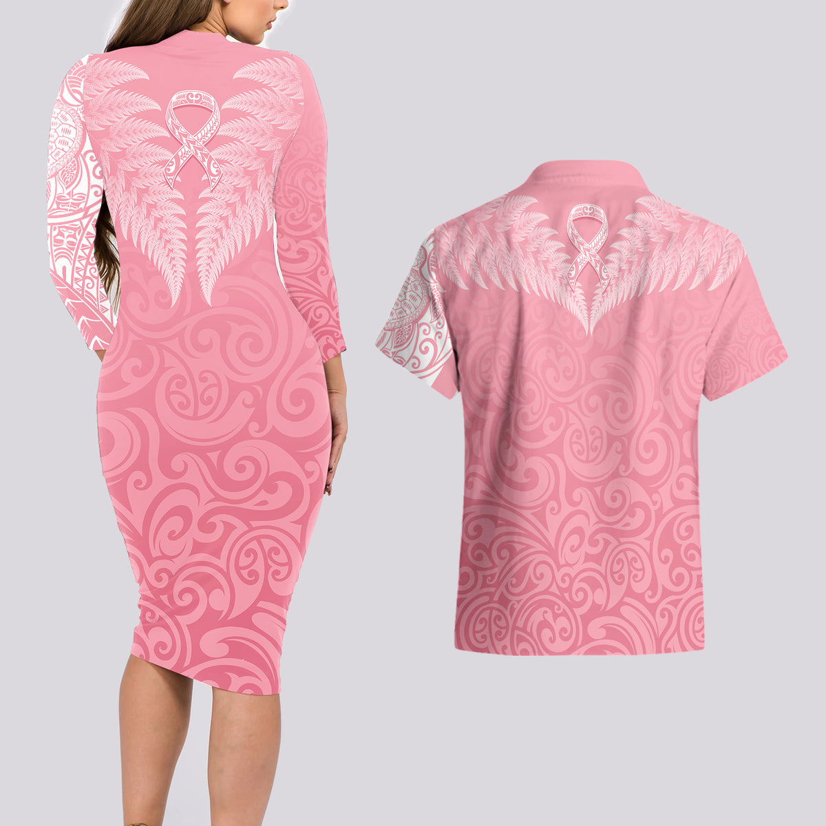 Personalised New Zealand Couples Matching Long Sleeve Bodycon Dress and Hawaiian Shirt Pink Ribbon Tattoo Mix Silver Fern LT7 - Polynesian Pride