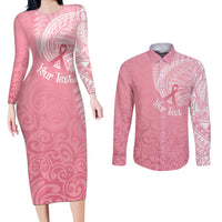 Personalised New Zealand Couples Matching Long Sleeve Bodycon Dress and Long Sleeve Button Shirts Pink Ribbon Tattoo Mix Silver Fern LT7 Pink - Polynesian Pride