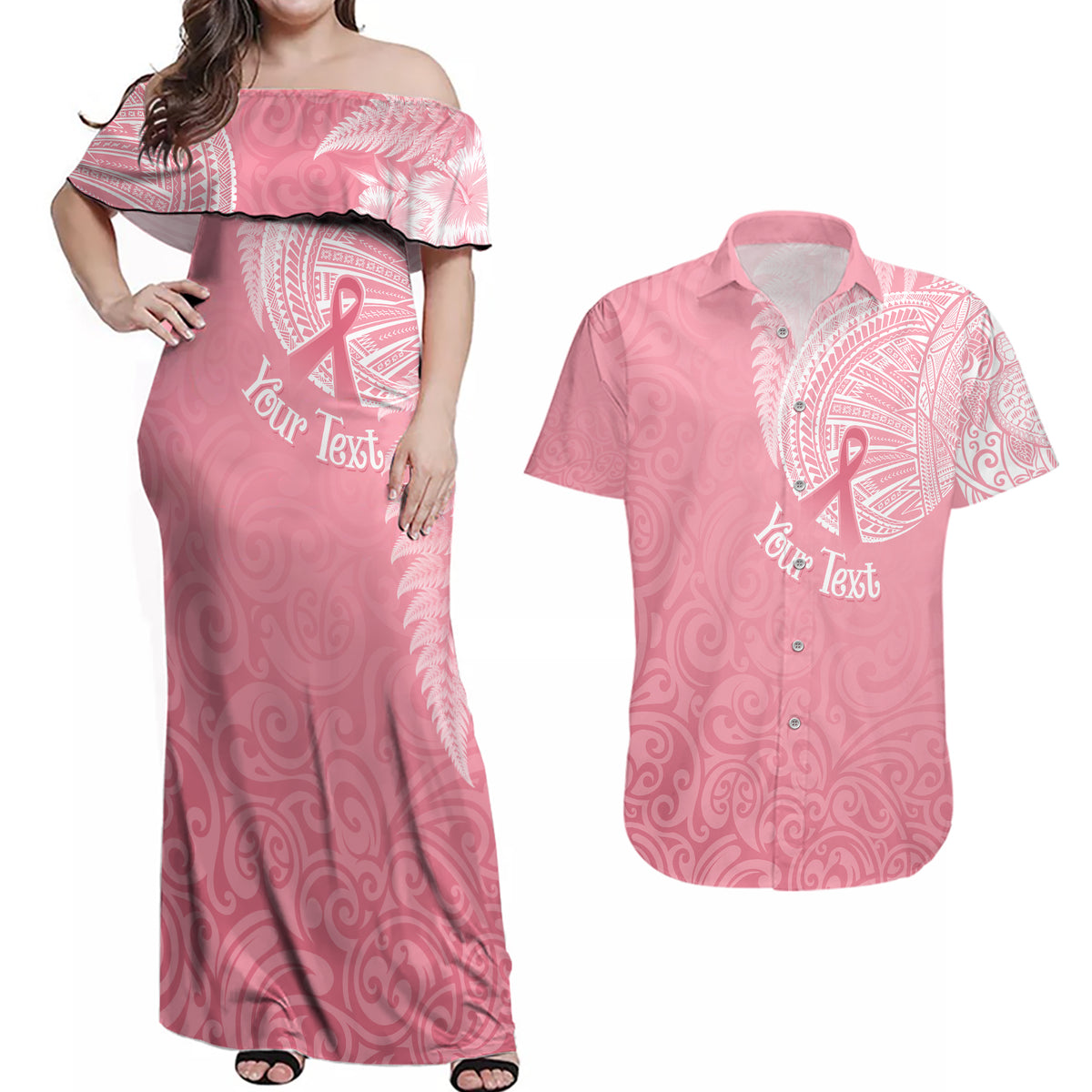 Personalised New Zealand Couples Matching Off Shoulder Maxi Dress and Hawaiian Shirt Pink Ribbon Tattoo Mix Silver Fern LT7 Pink - Polynesian Pride
