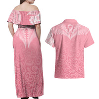 Personalised New Zealand Couples Matching Off Shoulder Maxi Dress and Hawaiian Shirt Pink Ribbon Tattoo Mix Silver Fern LT7 - Polynesian Pride
