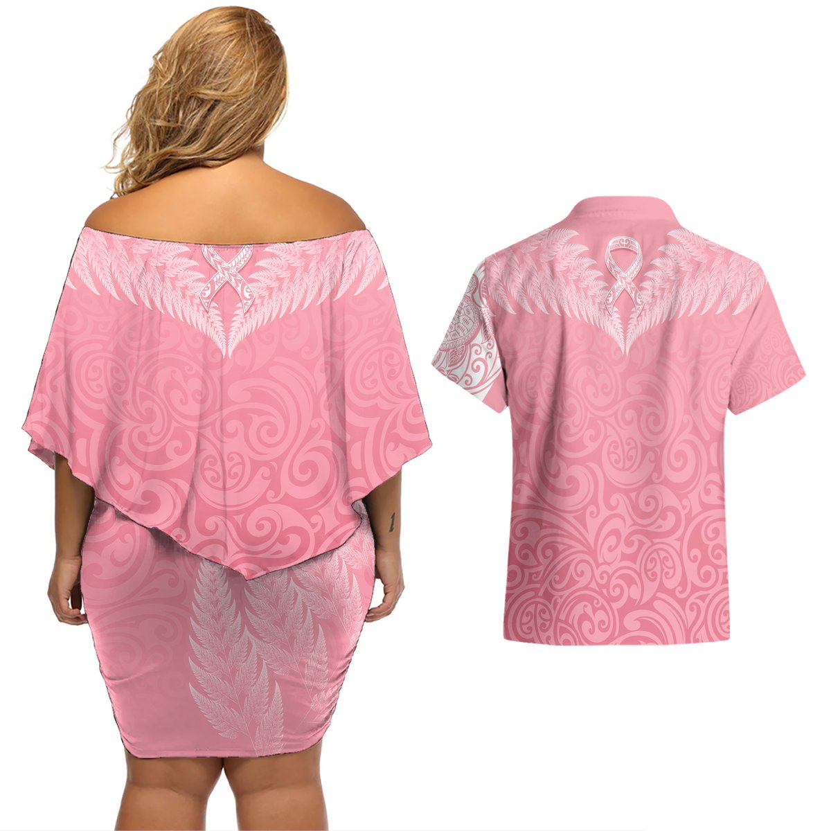 Personalised New Zealand Couples Matching Off Shoulder Short Dress and Hawaiian Shirt Pink Ribbon Tattoo Mix Silver Fern LT7 - Polynesian Pride