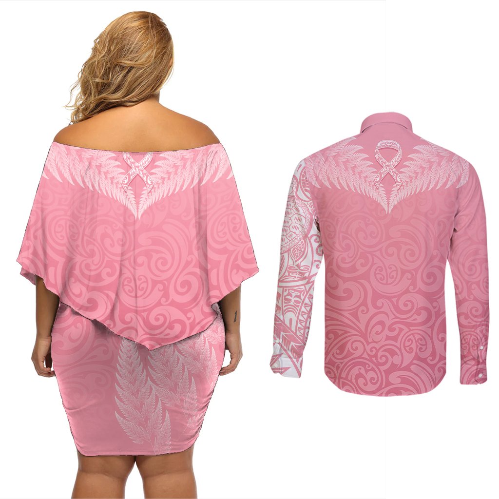 Personalised New Zealand Couples Matching Off Shoulder Short Dress and Long Sleeve Button Shirts Pink Ribbon Tattoo Mix Silver Fern LT7 - Polynesian Pride