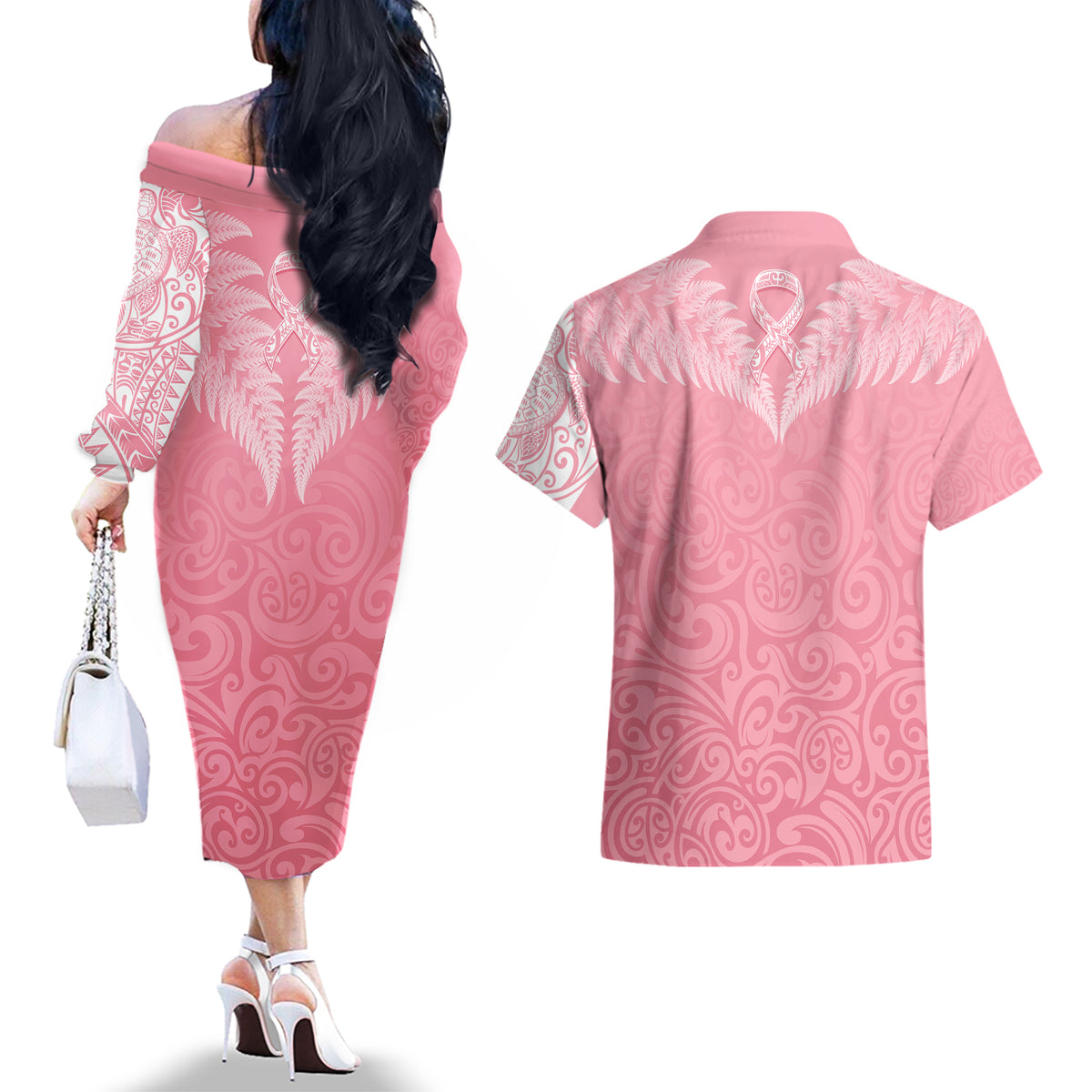 Personalised New Zealand Couples Matching Off The Shoulder Long Sleeve Dress and Hawaiian Shirt Pink Ribbon Tattoo Mix Silver Fern LT7 - Polynesian Pride