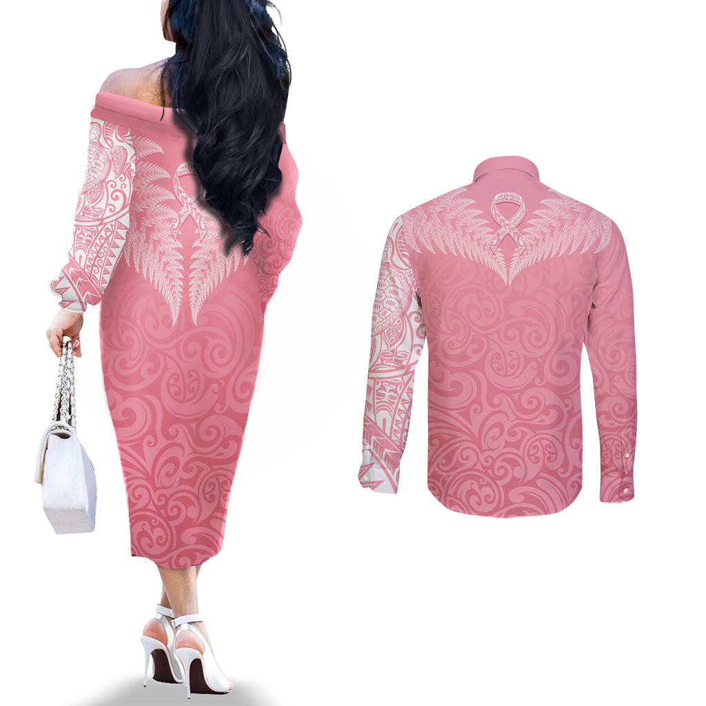 Personalised New Zealand Couples Matching Off The Shoulder Long Sleeve Dress and Long Sleeve Button Shirts Pink Ribbon Tattoo Mix Silver Fern LT7 - Polynesian Pride