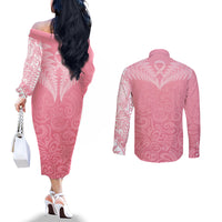 Personalised New Zealand Couples Matching Off The Shoulder Long Sleeve Dress and Long Sleeve Button Shirts Pink Ribbon Tattoo Mix Silver Fern LT7 - Polynesian Pride