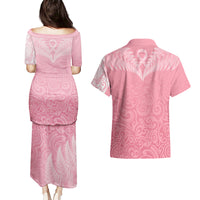 Personalised New Zealand Couples Matching Puletasi Dress and Hawaiian Shirt Pink Ribbon Tattoo Mix Silver Fern LT7 - Polynesian Pride
