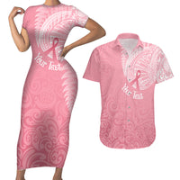 Personalised New Zealand Couples Matching Short Sleeve Bodycon Dress and Hawaiian Shirt Pink Ribbon Tattoo Mix Silver Fern LT7 Pink - Polynesian Pride