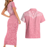 Personalised New Zealand Couples Matching Short Sleeve Bodycon Dress and Hawaiian Shirt Pink Ribbon Tattoo Mix Silver Fern LT7 - Polynesian Pride