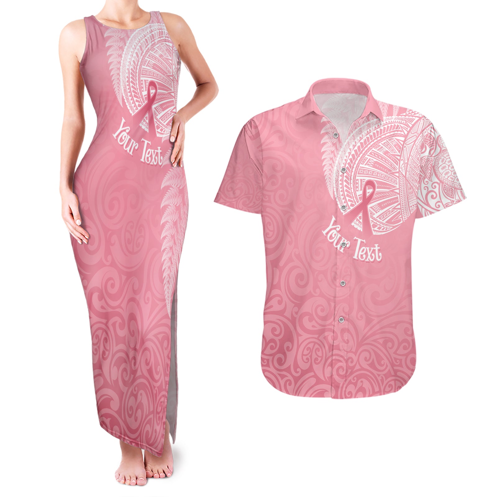 personalised-new-zealand-couples-matching-tank-maxi-dress-and-hawaiian-shirt-pink-ribbon-tattoo-mix-silver-fern