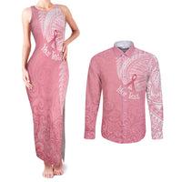 Personalised New Zealand Couples Matching Tank Maxi Dress and Long Sleeve Button Shirts Pink Ribbon Tattoo Mix Silver Fern LT7 Pink - Polynesian Pride