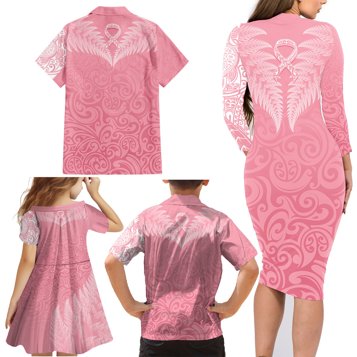 Personalised New Zealand Family Matching Long Sleeve Bodycon Dress and Hawaiian Shirt Pink Ribbon Tattoo Mix Silver Fern LT7 - Polynesian Pride