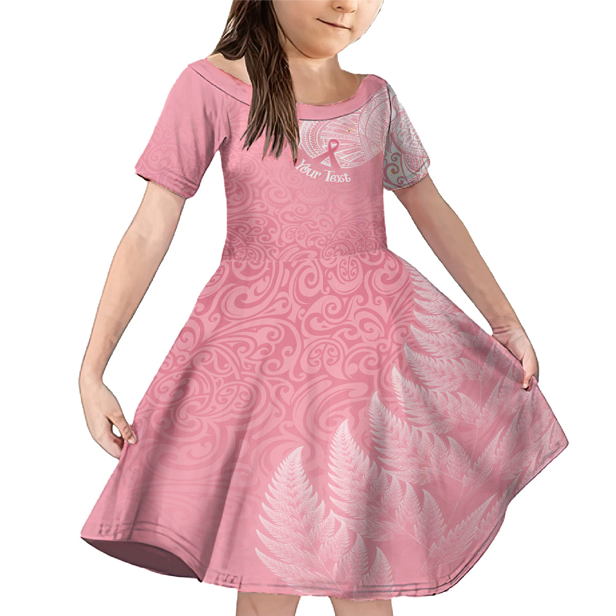 Personalised New Zealand Family Matching Mermaid Dress and Hawaiian Shirt Pink Ribbon Tattoo Mix Silver Fern LT7 Daughter's Dress Pink - Polynesian Pride