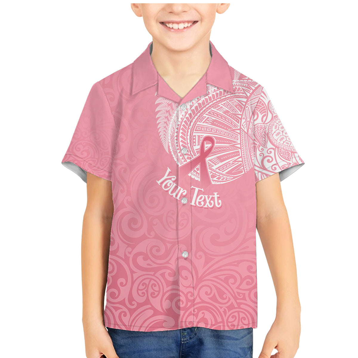 Personalised New Zealand Family Matching Mermaid Dress and Hawaiian Shirt Pink Ribbon Tattoo Mix Silver Fern LT7 Son's Shirt Pink - Polynesian Pride